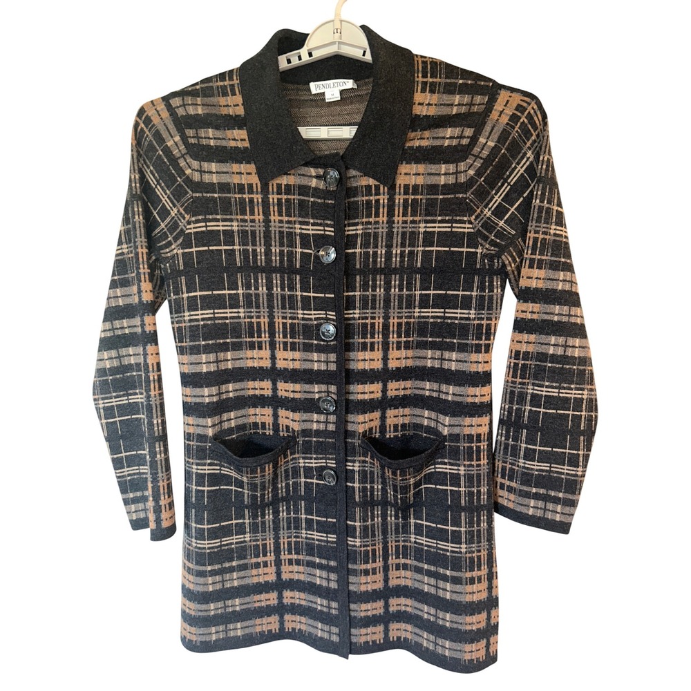 Pendleton Cardigan Womens Size M Merino Wool Plaid Dark Academia Fair Isle Knit